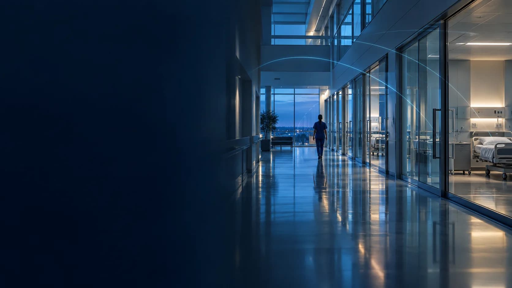 Modern hospital corridor with subtle Wi-Fi sensing waves
